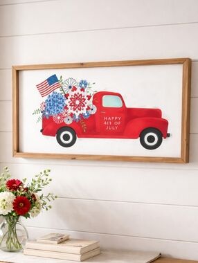 NWT Wooden, Framed 4th of July  Floral Red Truck Wall Art in 3D